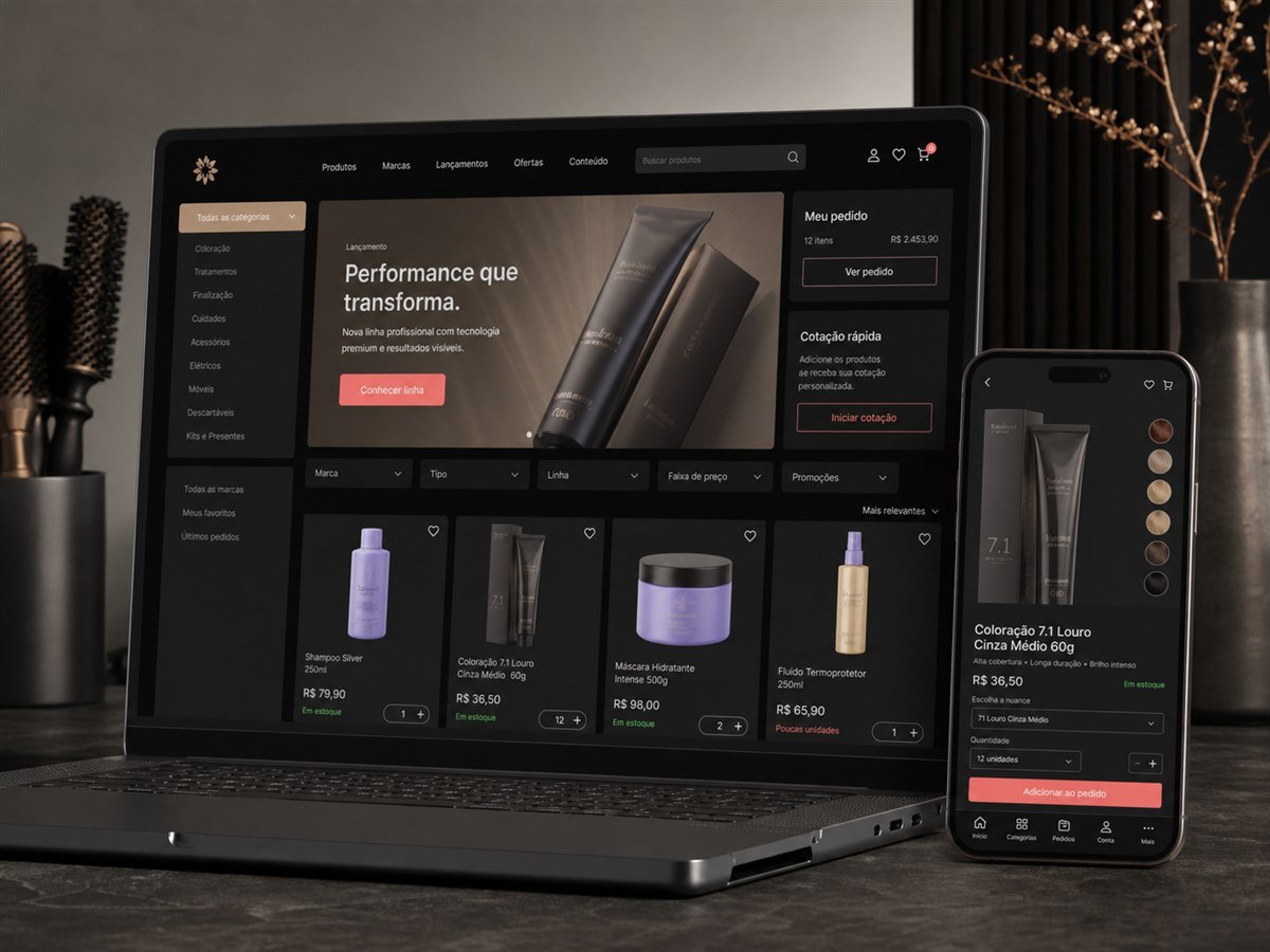 Estudo conceitual de catálogo digital para produtos profissionais de salão